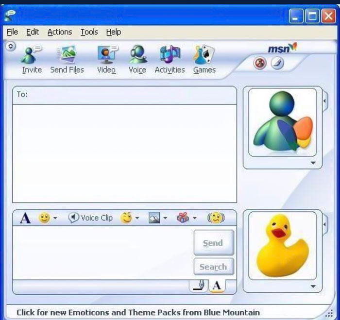 MSN Messenger chat window from the 2000s with colorful icons and a yellow rubber ducky avatar.