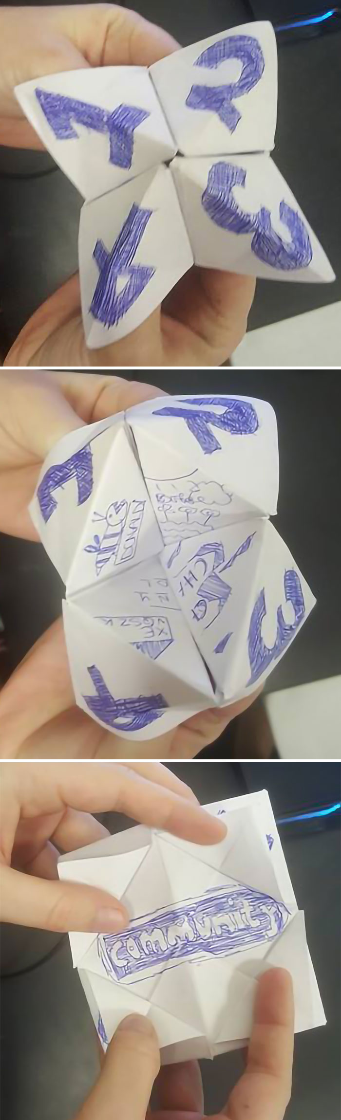 Paper fortune teller with hand-drawn numbers and designs, a nostalgic item from the 2000s.