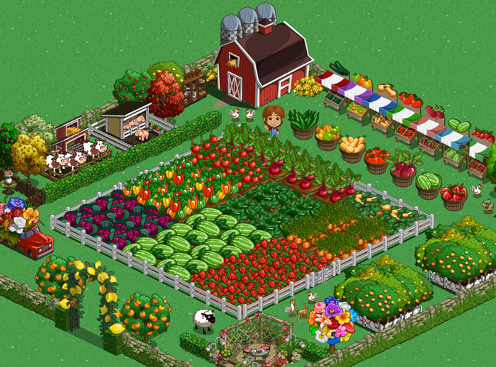 Farm game with a classic barn, crops, and animals, representing nostalgic 2000s online games.