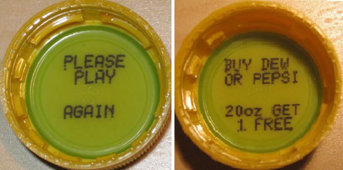 Soda bottle caps with nostalgic 2000s promotional messages inside.
