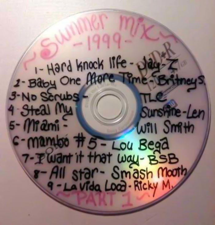 Handwritten 2000s nostalgic CD mix with popular songs from the era.