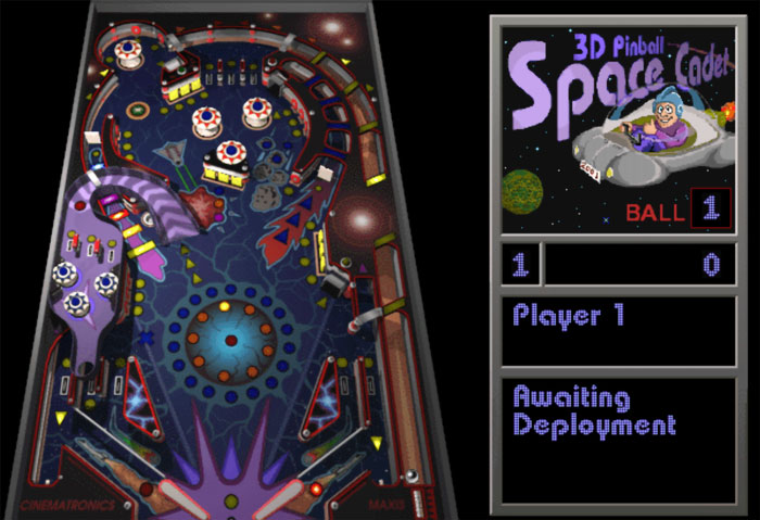 3D Pinball Space Cadet game screen from the 2000s, featuring colorful pinball table layout and player score display.