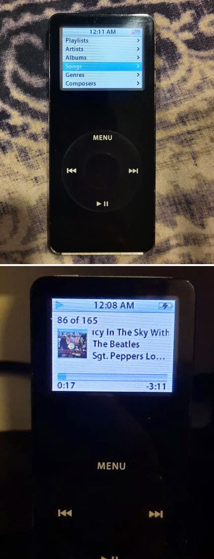 2000s nostalgic iPod displaying music playlist and song by The Beatles.