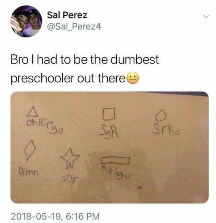 Screenshot of a social media post humorously illustrating a hard to follow train of thought with misspelled preschool shapes.