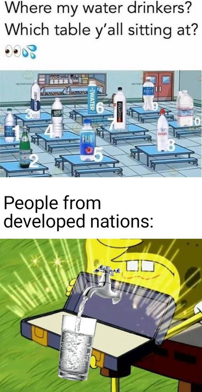 Drinking water meme with various bottled water brands and SpongeBob pouring tap water into a glass.