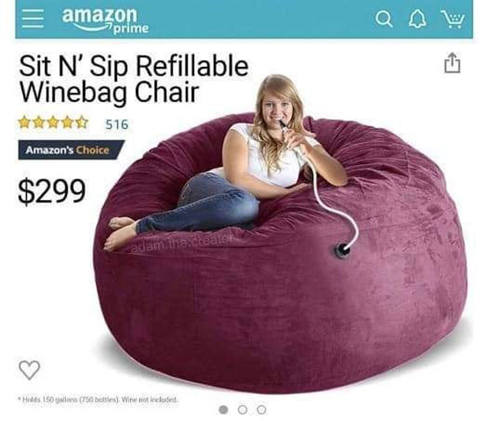 Winebag chair meme featuring a woman sitting on a giant beanbag, humorously marketed for drinking enthusiasts.