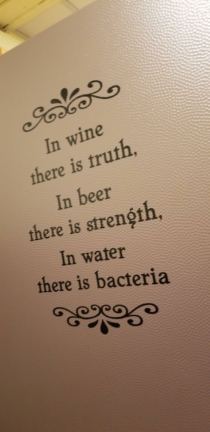 Wall with a humorous quote about drinking water, beer, and wine, emphasizing truth, strength, and bacteria.