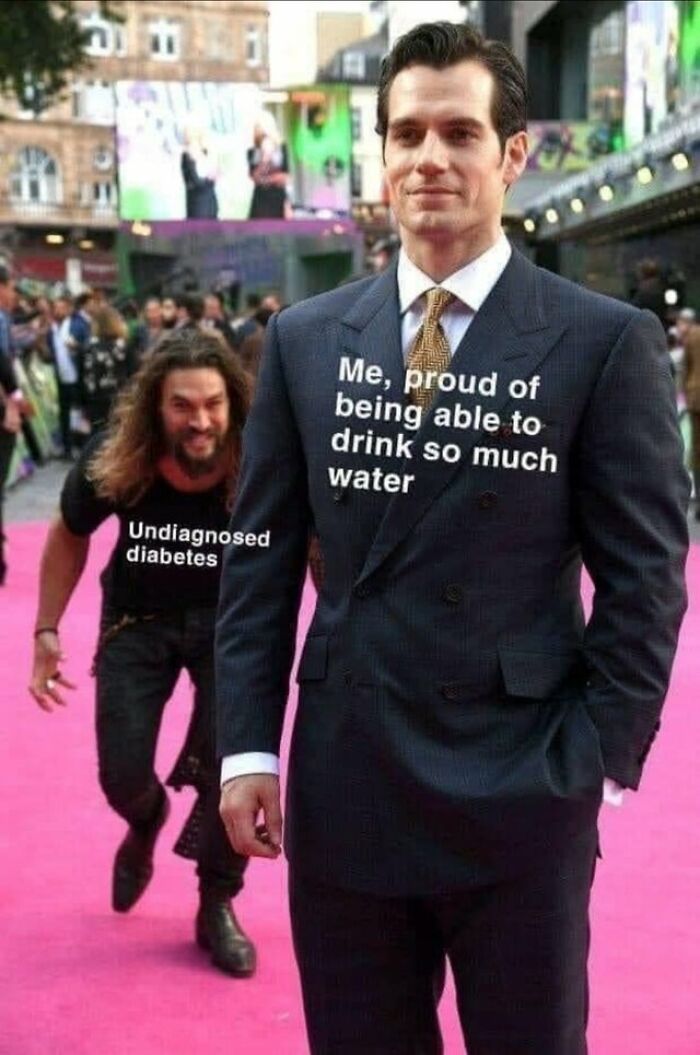 Two people in a humorous meme about drinking water on a pink carpet.