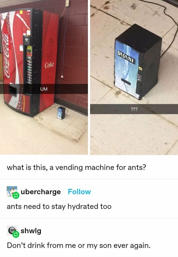 Tiny water vending machine joke with comments about ants needing to stay hydrated alongside a large Coke machine.
