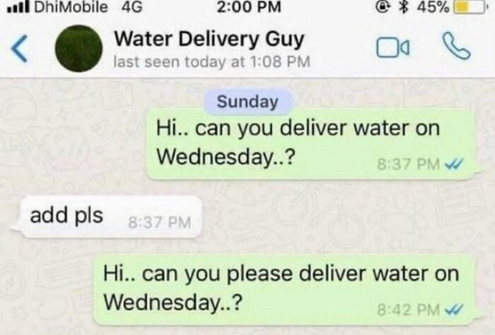 Text message exchange about water delivery with a humorous reply emphasizing politeness.
