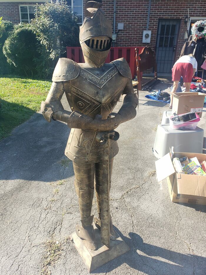 Today While I Was At Work Making A Weekly Pizza Delivery To A School Across Town, I Saw A Sign Saying "Garage Sale". I Peered Down The Road To Get A Glimpse Of What They Had. I Was On The Phone With My Mom And I Shouted "There's A Knight In Shining Armor!!!" I Delivered This Pizzas As Fast As Humanly Possible And Sped Back To The House. I Ran Up The Driveway And Asked "How Much For The Suit Of Armor?" I Knew Right Then That The Universe Was On My Side When She Said $40. Fourty Dollars I Paid The Lady Without Hesitation Just As A Man Picked Up My Prince In A Hurry Trying To Buy It. 2 Minutes Later And It Would Have Been Gone! This, My Friends, Is The Story Of How I Became The Lucky Owner Of A Suit Of Armor The End