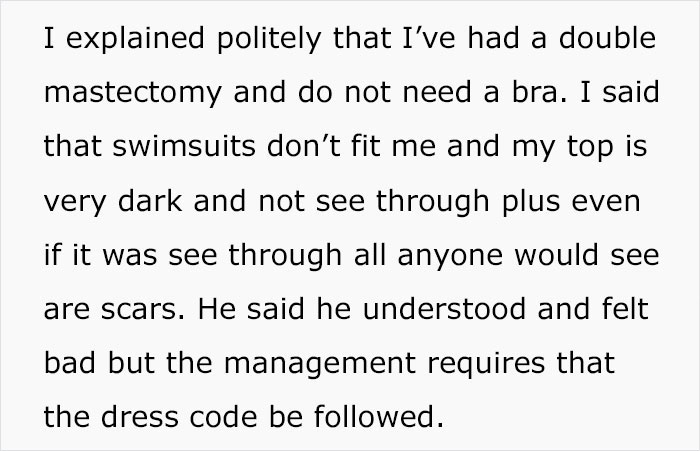 Woman With Double Mastectomy Is Told To Wear A Bra In The Pool, She Follows The Rule To The Letter In Her Malicious Compliance
