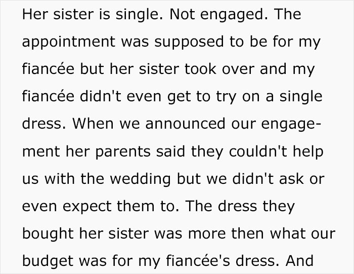 Guy Uninvites Fianc&eacute;e's Closest Family From The Wedding After They Make Her Wedding Dress Shopping All About Her Sister