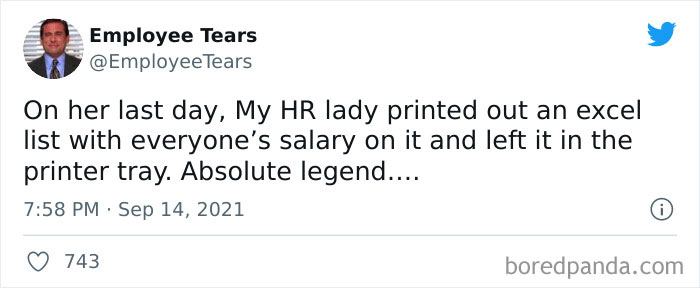 Tweet from Employee Tears sharing a work-related meme about an HR lady accidentally exposing everyone’s salary at work.
