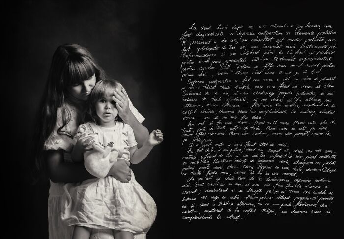 Black and white photo from postpartum photography project showing a mother holding her child, revealing the dark side of motherhood.