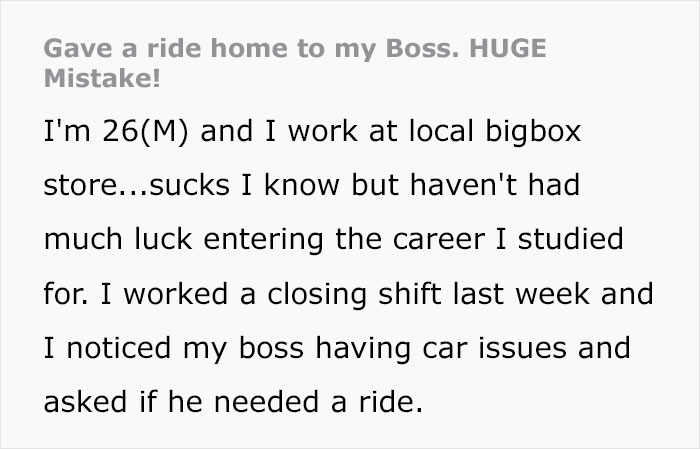 Person Gives Boss Ride Home, Ends Up Their Personal Driver Against Their Will
