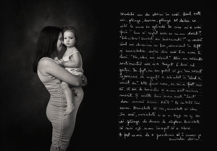 Mother holding child in black and white portrait, expressing the dark side of postpartum in a photography project.