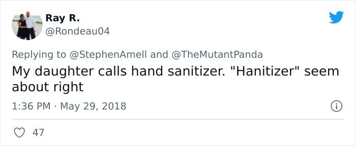 Tweet showing a parent sharing their child’s funny alternative name for hand sanitizer, highlighting kids’ hilarious naming skills.