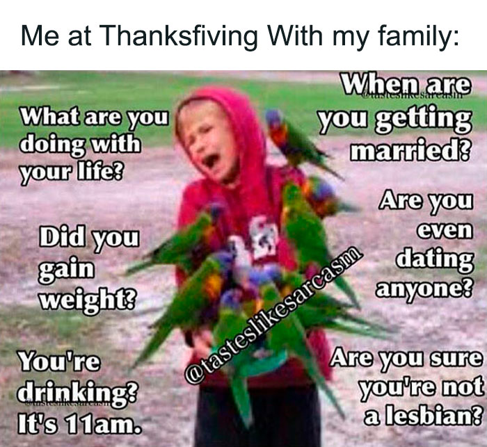 Child overwhelmed by parrots, captioned with funny Thanksgiving family questions.