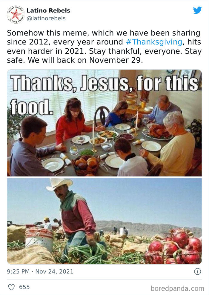 Thanksgiving meme with a family praying over dinner and a farmer harvesting onions.