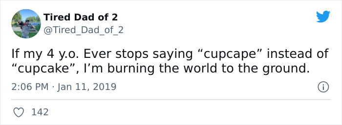 Tweet about a kid hilariously calling a cupcake a cupcape, showcasing funny alternative names for everyday things.