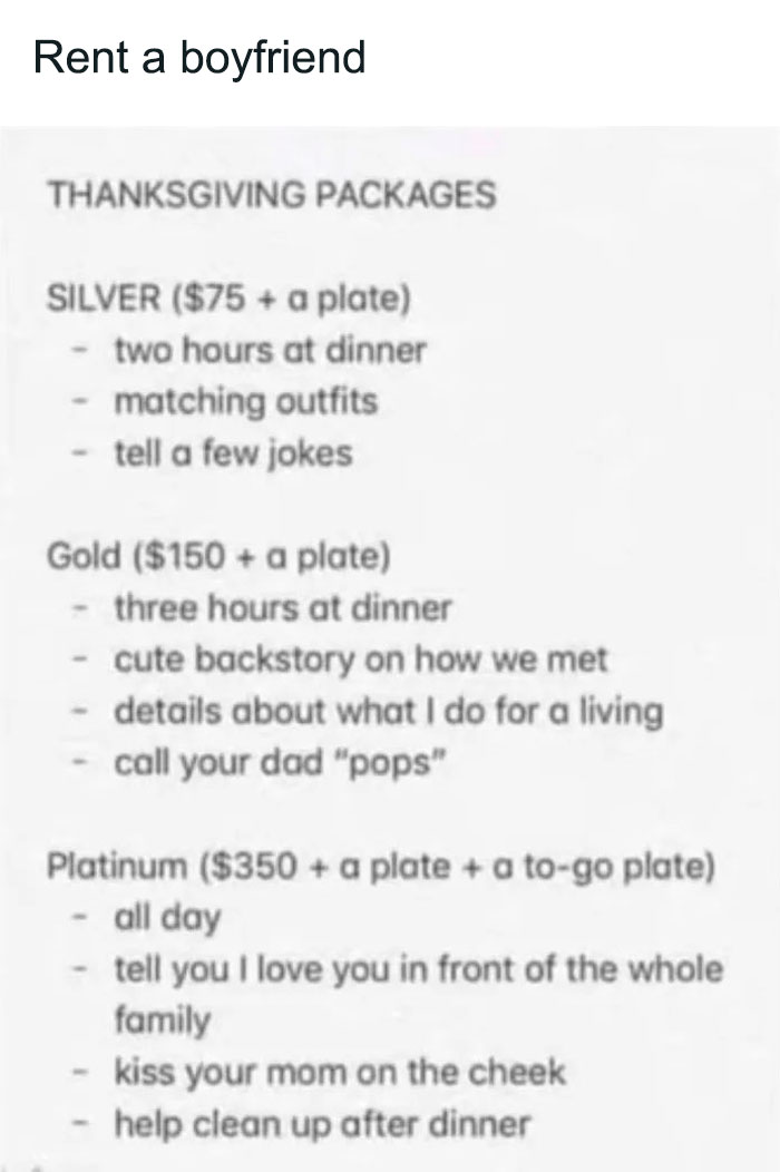 Funny Thanksgiving meme with a rent-a-boyfriend package list offering different levels of service.