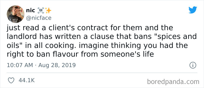 Tweet about a landlord banning spices and oils in cooking, highlighting greedy and delusional landlords in an online group.