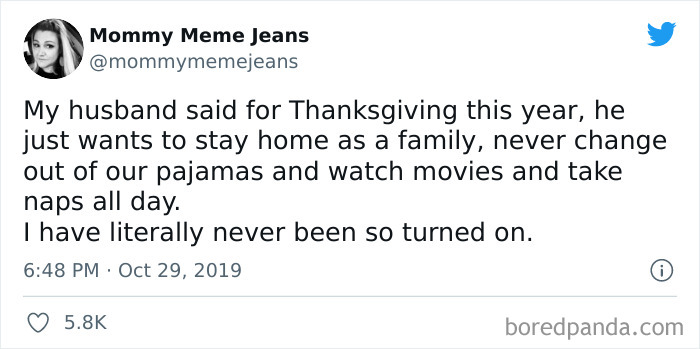 Thanksgiving meme about staying in pajamas, watching movies, and taking naps all day, shared by Mommy Meme Jeans.