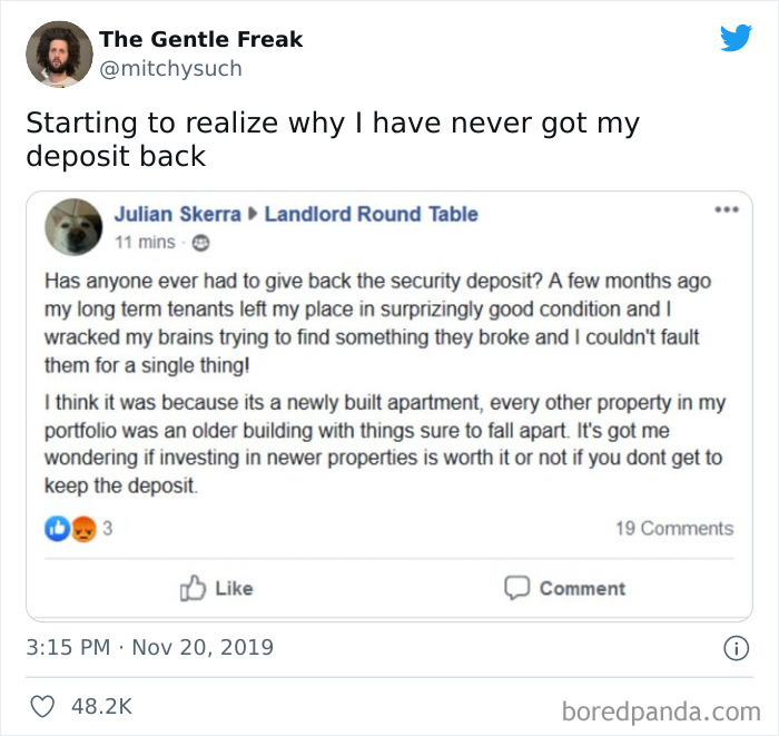Screenshot of an online group post discussing security deposit issues with greedy and delusional landlords.