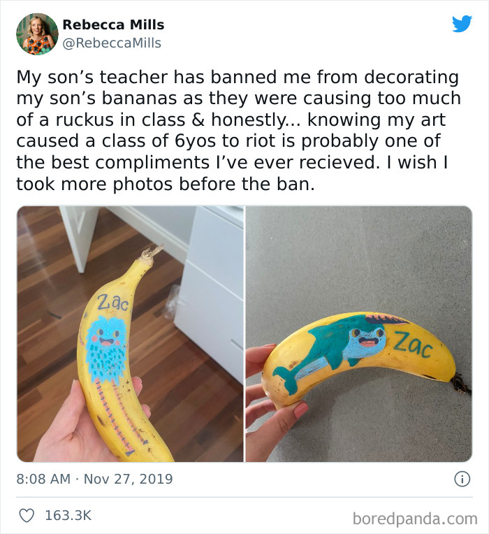 Hand-decorated bananas with colorful drawings causing playful chaos in a classroom, showcasing chaotic good actions.