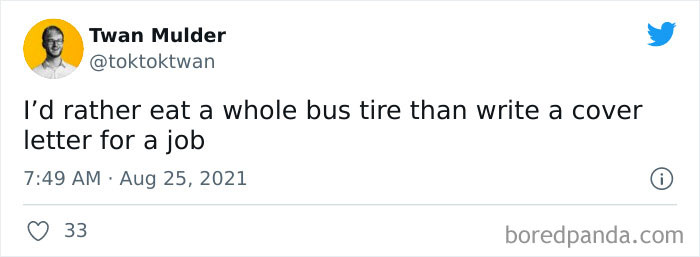Tweet by Twan Mulder humorously expressing dislike for writing cover letters, illustrating work-related memes from an Instagram account.