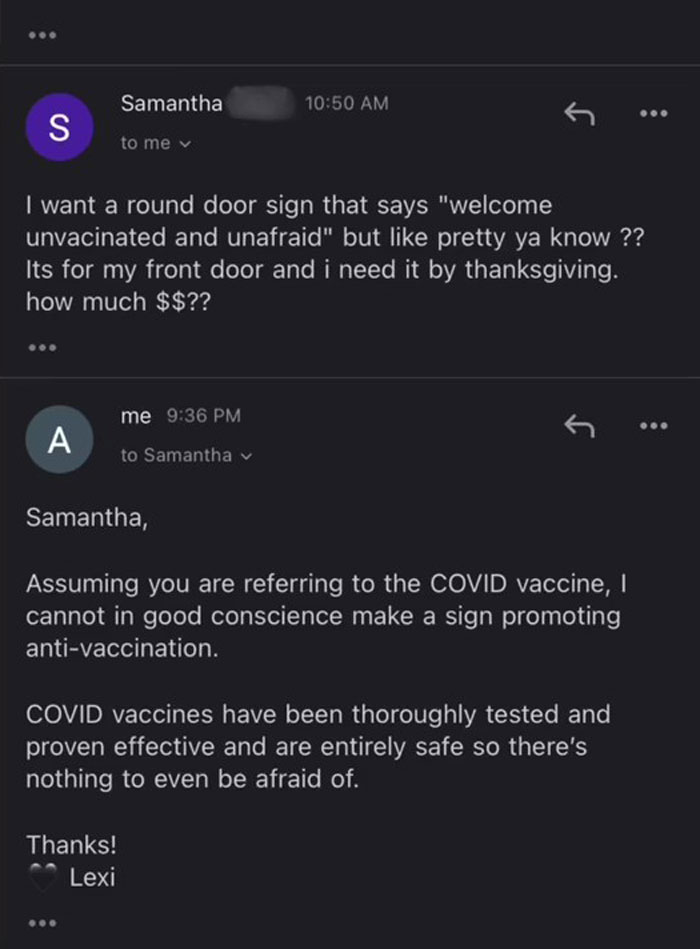 People Are Cracking Up At This Woman&rsquo;s Conversation With A Client Demanding That She Create An Anti-Vax Door Sign