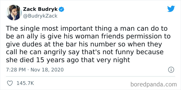Screenshot of a chaotic good tweet about being an ally by sharing a deceased woman’s phone number at a bar.