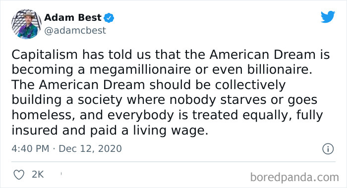 Tweet from Adam Best criticizing capitalism and highlighting housing inequality related to greedy landlords and living wage issues.