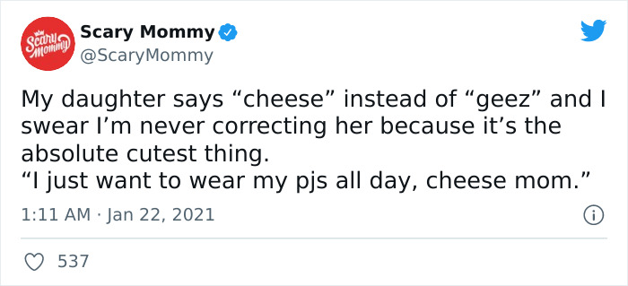 Tweet from Scary Mommy sharing a funny moment where a kid uses an alternative name for everyday things, showing accidental humor.