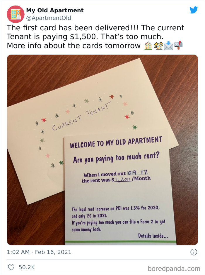 Card addressing tenants about paying too much rent, shared in an online group shaming greedy landlords.