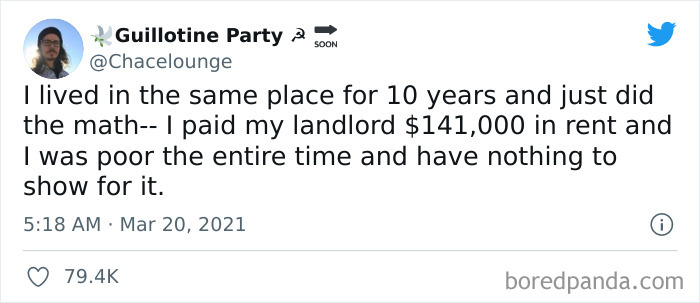 Tweet from an online group post shaming greedy landlords, highlighting high rent costs and tenant struggles over 10 years.
