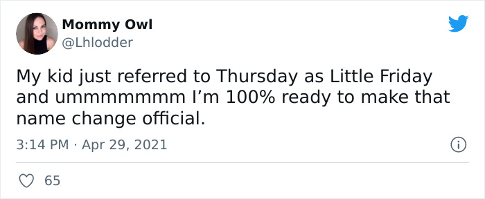 Tweet showing a parent sharing a kid’s alternative name for Thursday as Little Friday, highlighting kids’ accidental hilarious names.