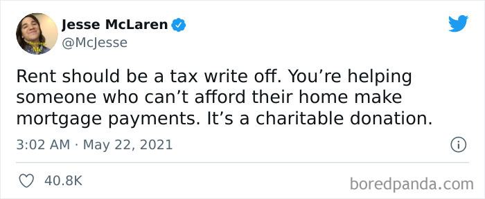 Screenshot of a tweet about rent as a tax write off shared in an online group shaming greedy and delusional landlords.