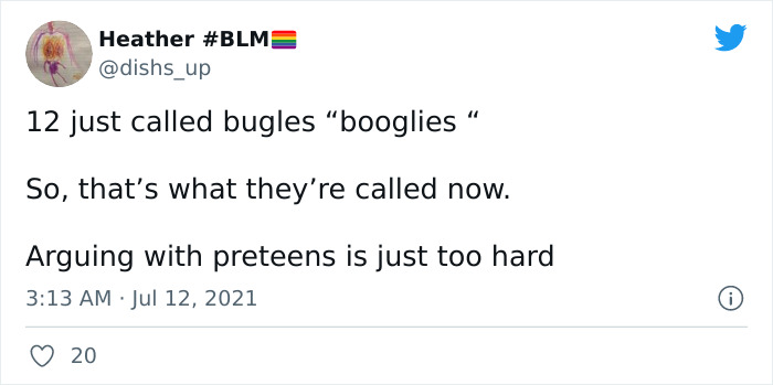 Tweet showing a funny example of kids accidentally giving alternative names for everyday things, calling bugles booglies.