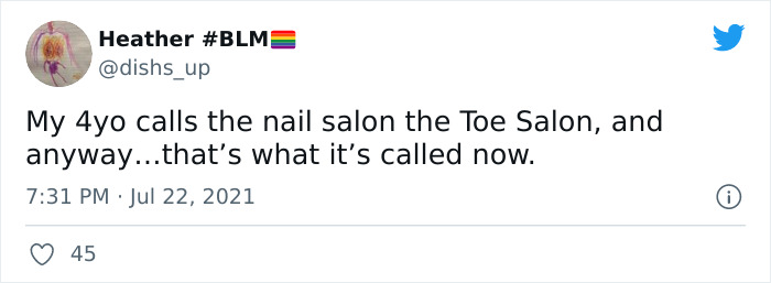 Tweet showing a funny example of kids giving alternative names to everyday things by calling a nail salon the Toe Salon.