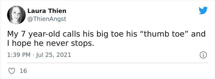 Tweet showing a parent sharing how their 7-year-old accidentally gave an alternative name to his big toe.