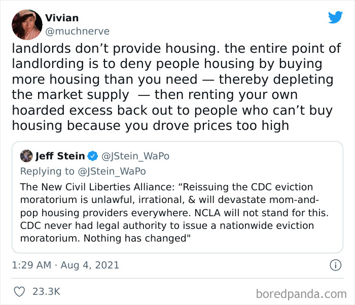 Tweet criticizing greedy landlords for hoarding housing and inflating prices shared in an online landlord shaming group.