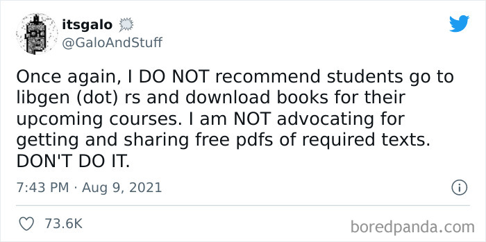 Tweet cautioning against downloading free PDFs of textbooks, shared in an online group dedicated to chaotic good actions.