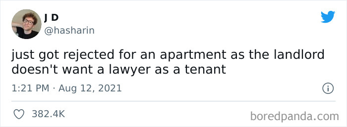 Screenshot of a tweet about tenant rejection by a landlord, highlighting issues with greedy and delusional landlords.