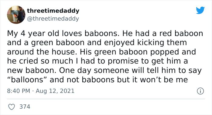 Screenshot of a tweet showing a kid humorously using alternative names for everyday things like balloons as baboons.