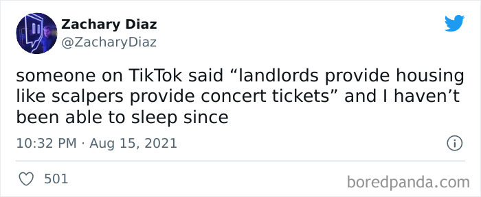 Screenshot of a tweet criticizing greedy landlords, shared in an online group shaming delusional landlords.