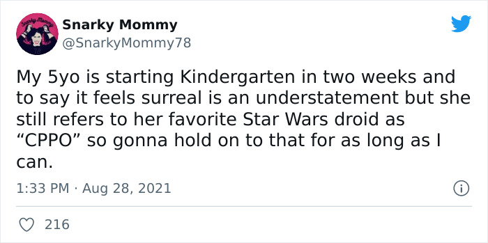 Tweet from Snarky Mommy about her 5-year-old giving an alternative name CPPO to a Star Wars droid, showcasing kids' accidental hilarity.