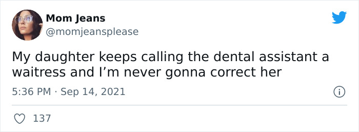 Tweet screenshot of a parent sharing a kid's hilarious alternative name for a dental assistant as a waitress.