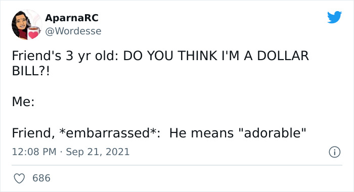 Tweet showing a funny quote where a 3-year-old uses an alternative name humorously, highlighting kids being accidentally hilarious.